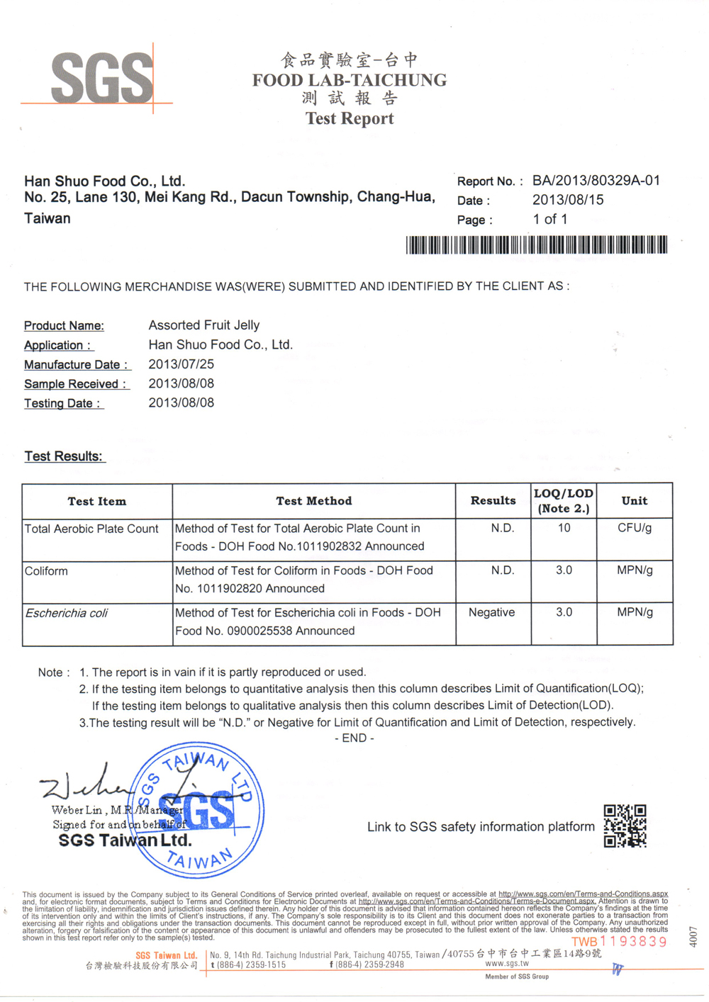 SGS Test Report Assorted Fruit Jelly